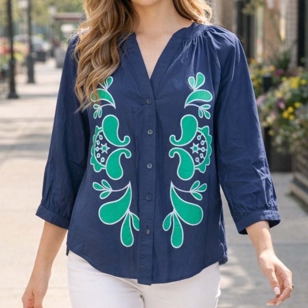 Strut & Bolt Womens Navy Blue Green Embroidered Applique Blouse‎ Top NWT S O2